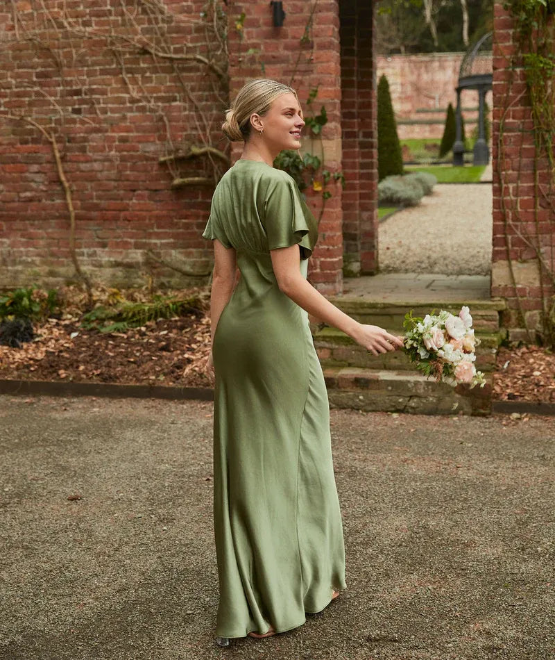 Weitese Dress Deep V Neck Batwing Satin Bridesmaid Dress Champagne Pleated Solid Color Fashion Prom Dress