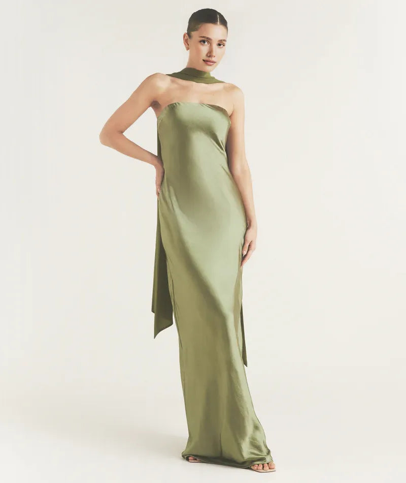 Weitese Dress Fashion Strapless Neck Satin Bridesmaid Dress Maxi Dress Backless Solid Color Sleeveless Prom Dress With Scarf