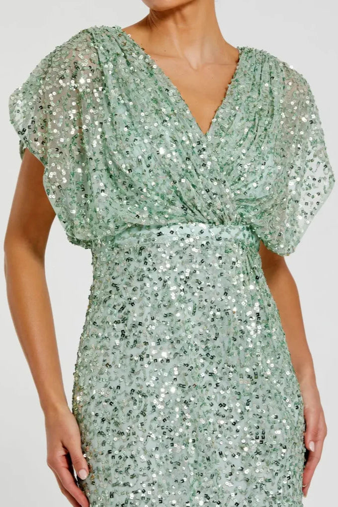 Luxury Column V Neck Draped Sleeve Zipper Up Floor-Length Prom Dress