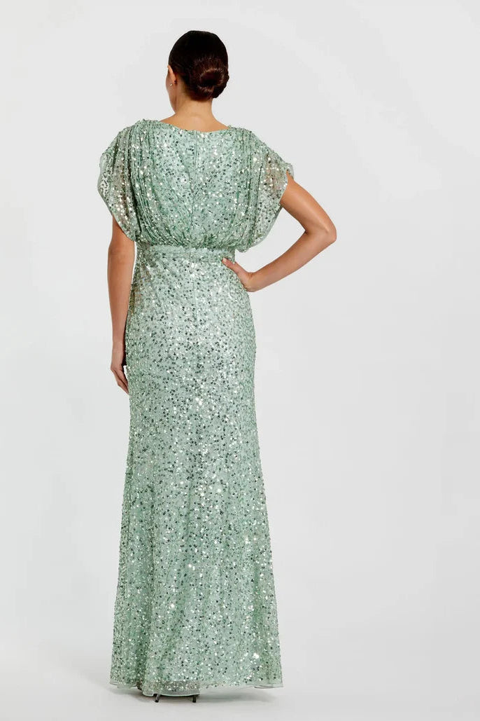 Luxury Column V Neck Draped Sleeve Zipper Up Floor-Length Prom Dress