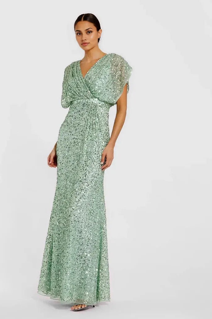 Luxury Column V Neck Draped Sleeve Zipper Up Floor-Length Prom Dress