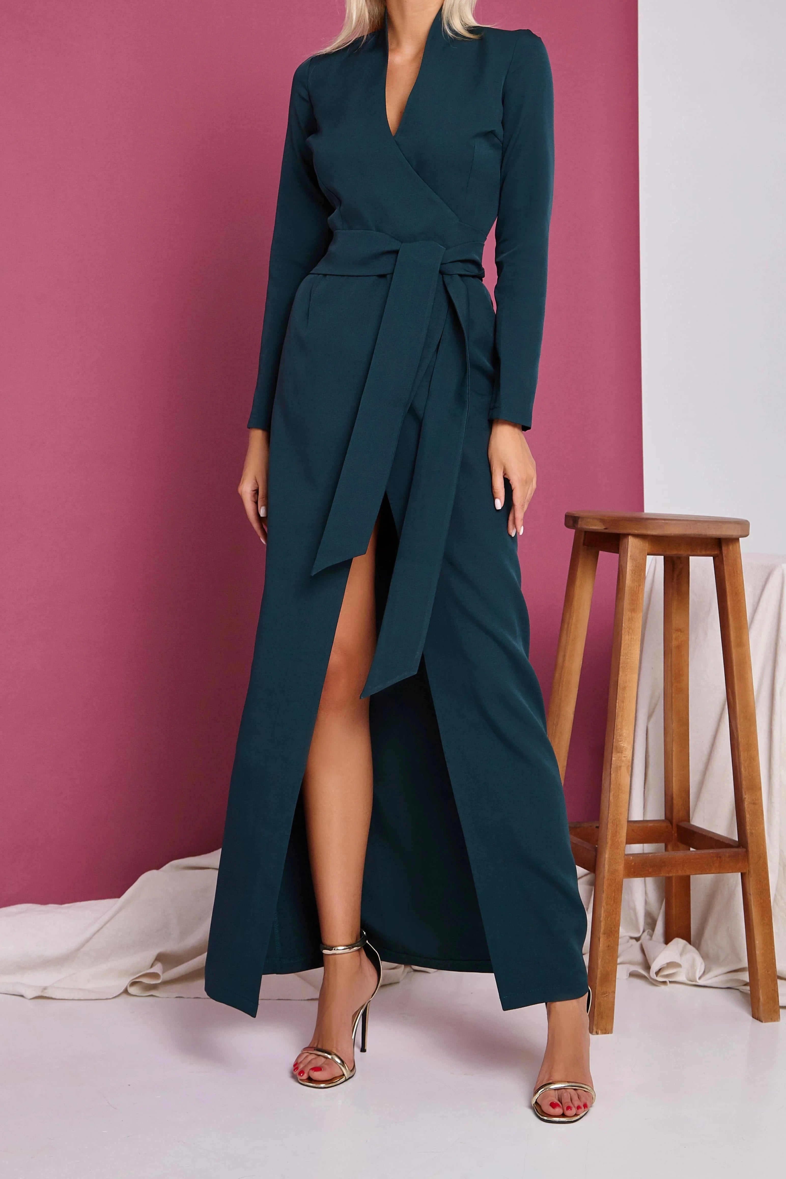 Green Wrap Long Sleeve Party Dress V Neck Chic Slit Prom Dress Burgundy Wrap Long Sleeve Party Dress Black Sheath Evening Dress