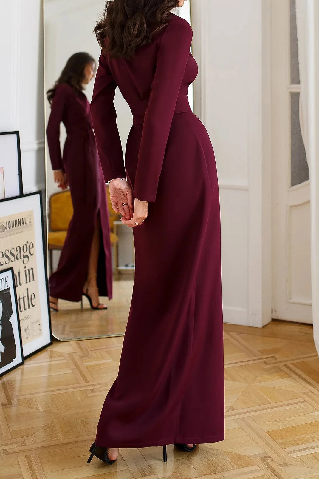 Green Wrap Long Sleeve Party Dress V Neck Chic Slit Prom Dress Burgundy Wrap Long Sleeve Party Dress Black Sheath Evening Dress