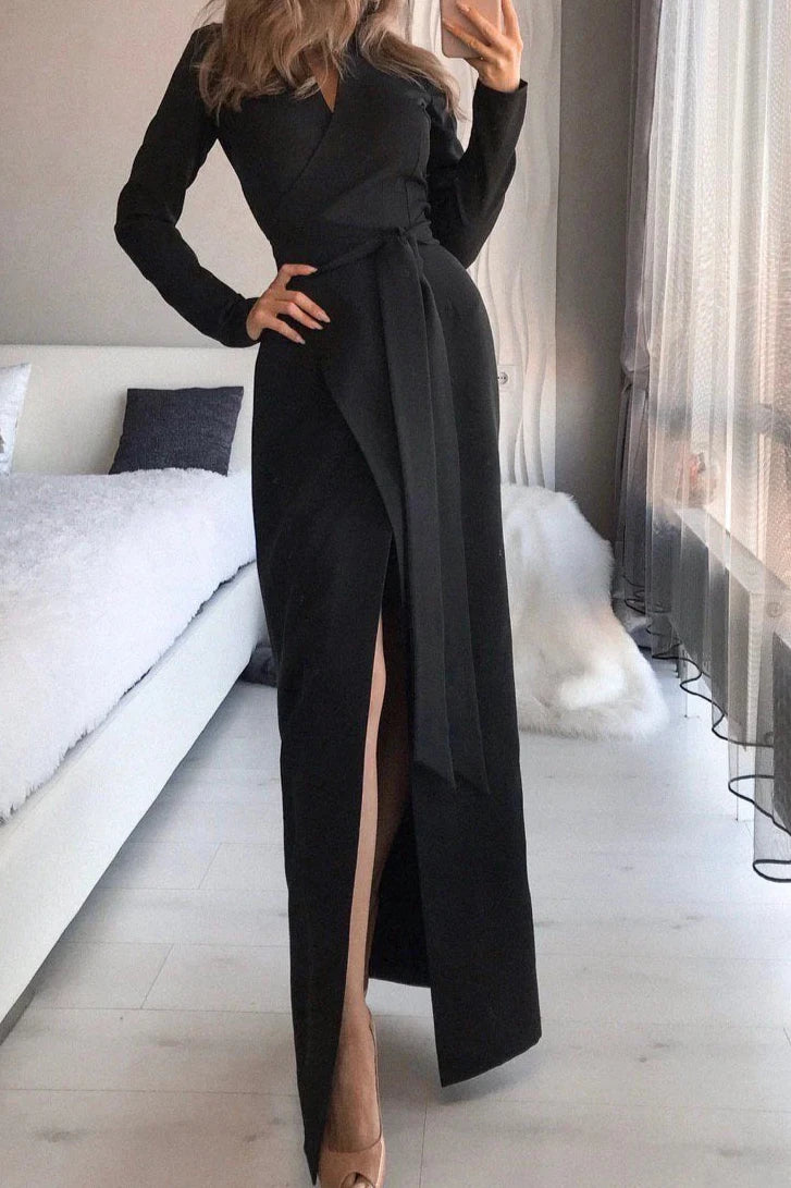 Green Wrap Long Sleeve Party Dress V Neck Chic Slit Prom Dress Burgundy Wrap Long Sleeve Party Dress Black Sheath Evening Dress