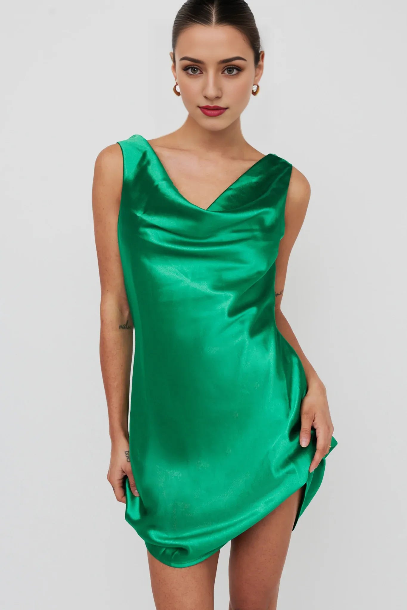Weitese Dress Glamorous Fuchsia Satin Dress With Cowl Neck Sleeveless Style And Mini Fit Homecoming Dress