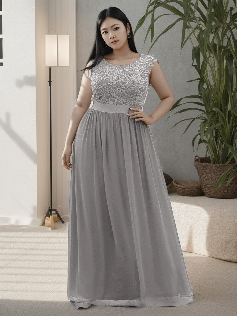 Robe de demoiselle d'honneur Weitese grande taille, classique, col rond, dos en V, coupe trapèze, en mousseline de soie et dentelle