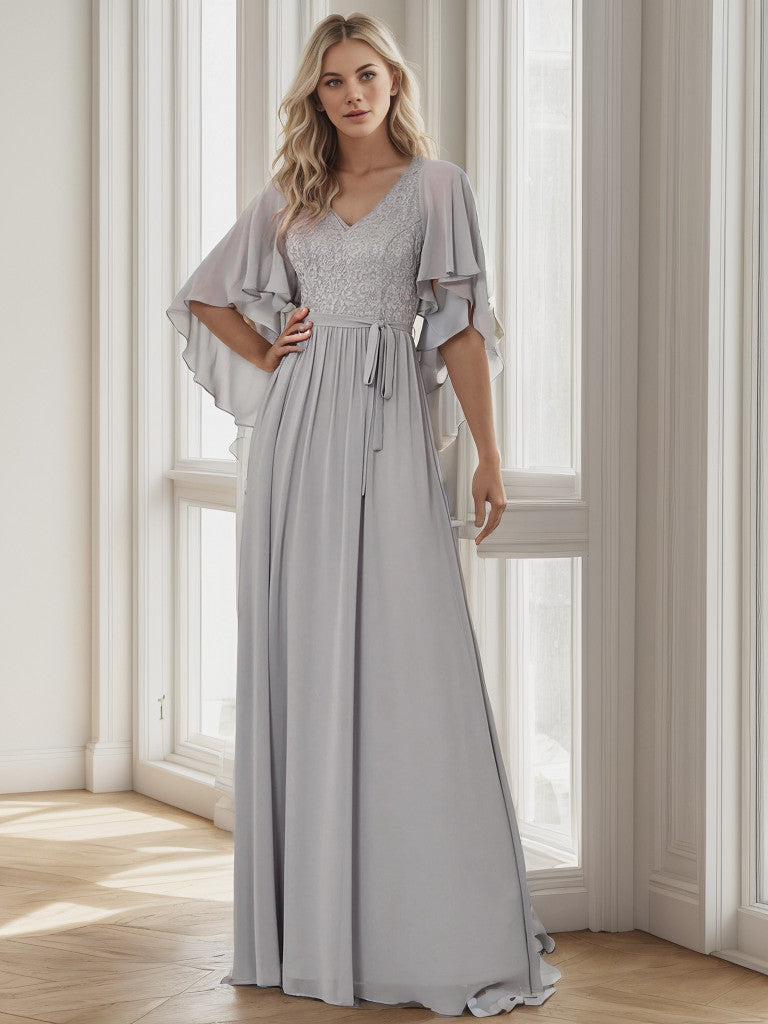 Weitese Deep V Neck Lace Bodice Long Flowy Evening Dress