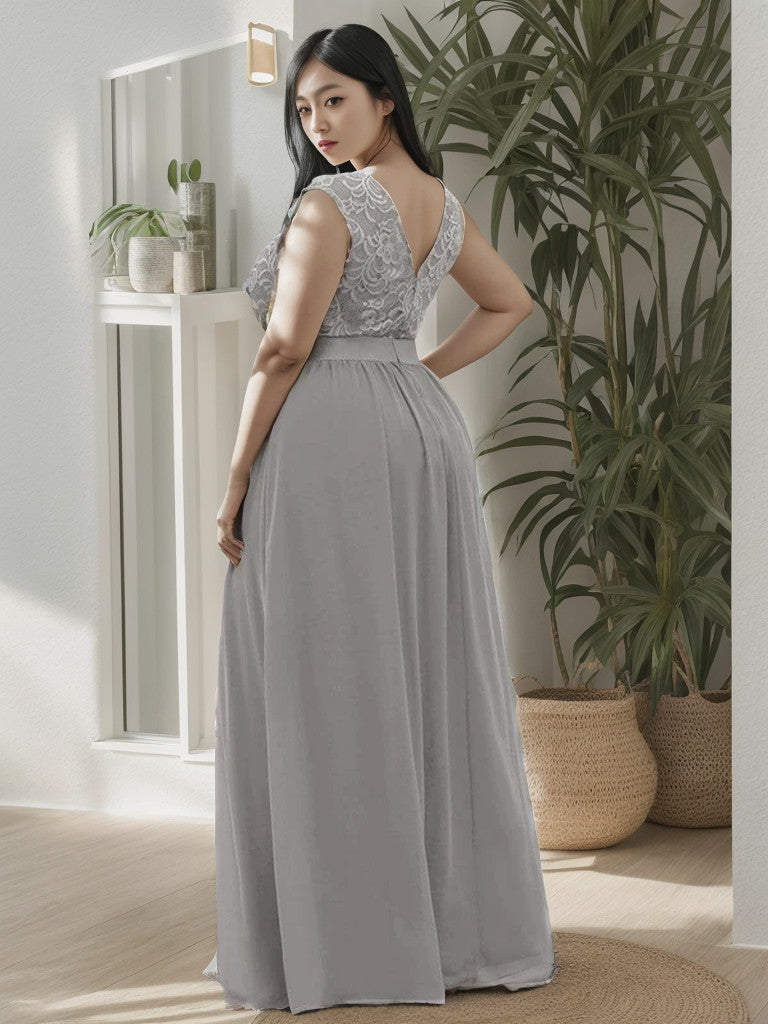 Robe de demoiselle d'honneur Weitese grande taille, classique, col rond, dos en V, coupe trapèze, en mousseline de soie et dentelle