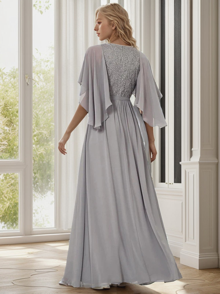 Weitese Deep V Neck Lace Bodice Long Flowy Evening Dress