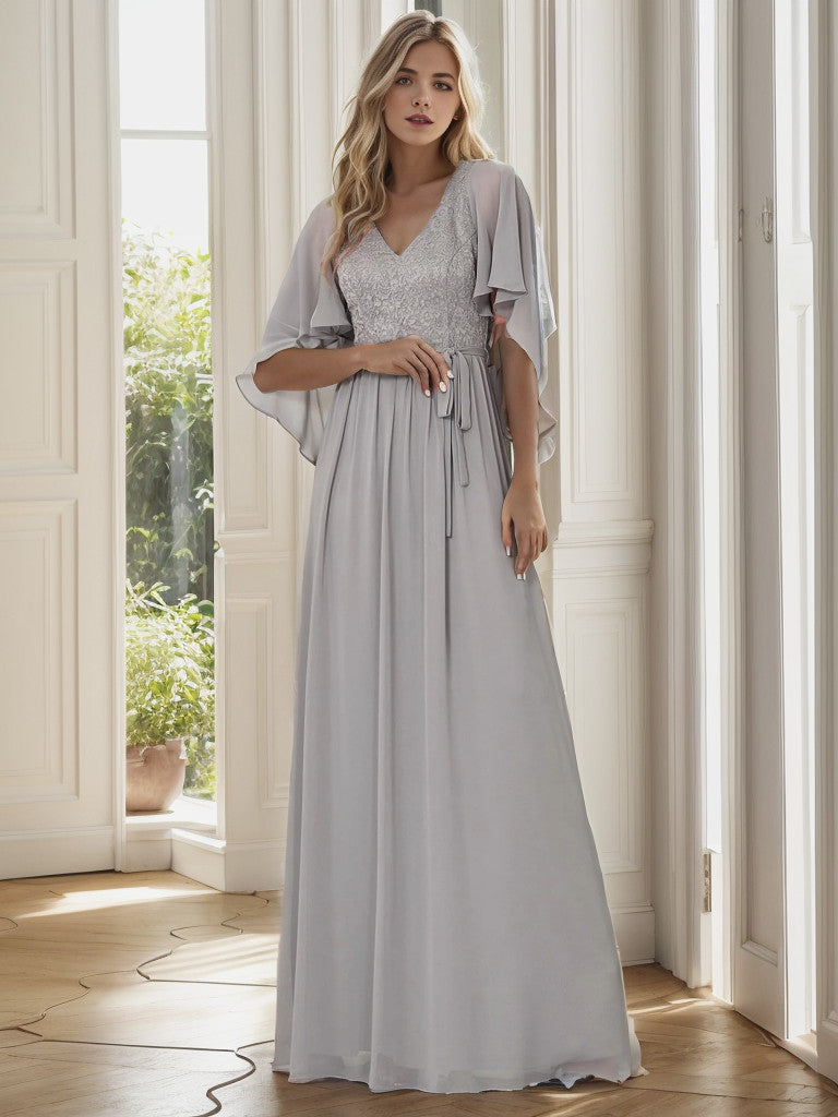 Weitese Deep V Neck Lace Bodice Long Flowy Evening Dress