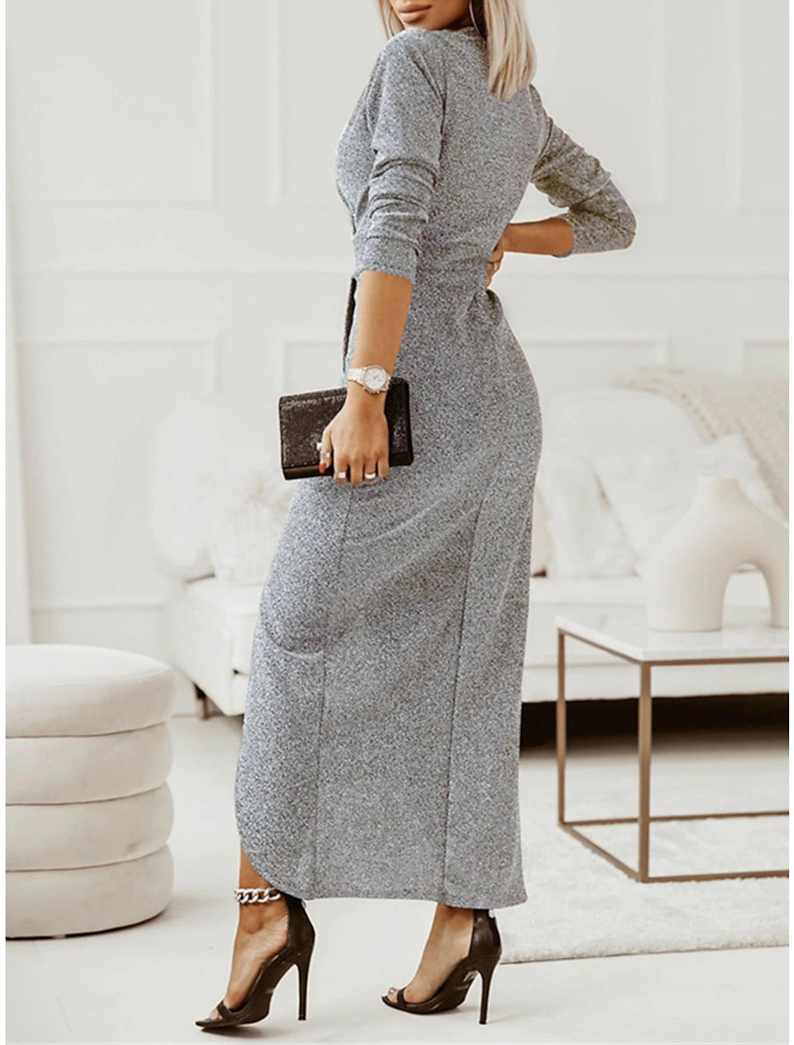 Weitese Women's Prom Dress Party Dress Wedding Guest Dress Long Dress Maxi Dress Silver Black Gold Long Sleeve Pure Color Ruched Fall Winter Autumn V Neck Fashion Winter Dress Birthday Evening Party