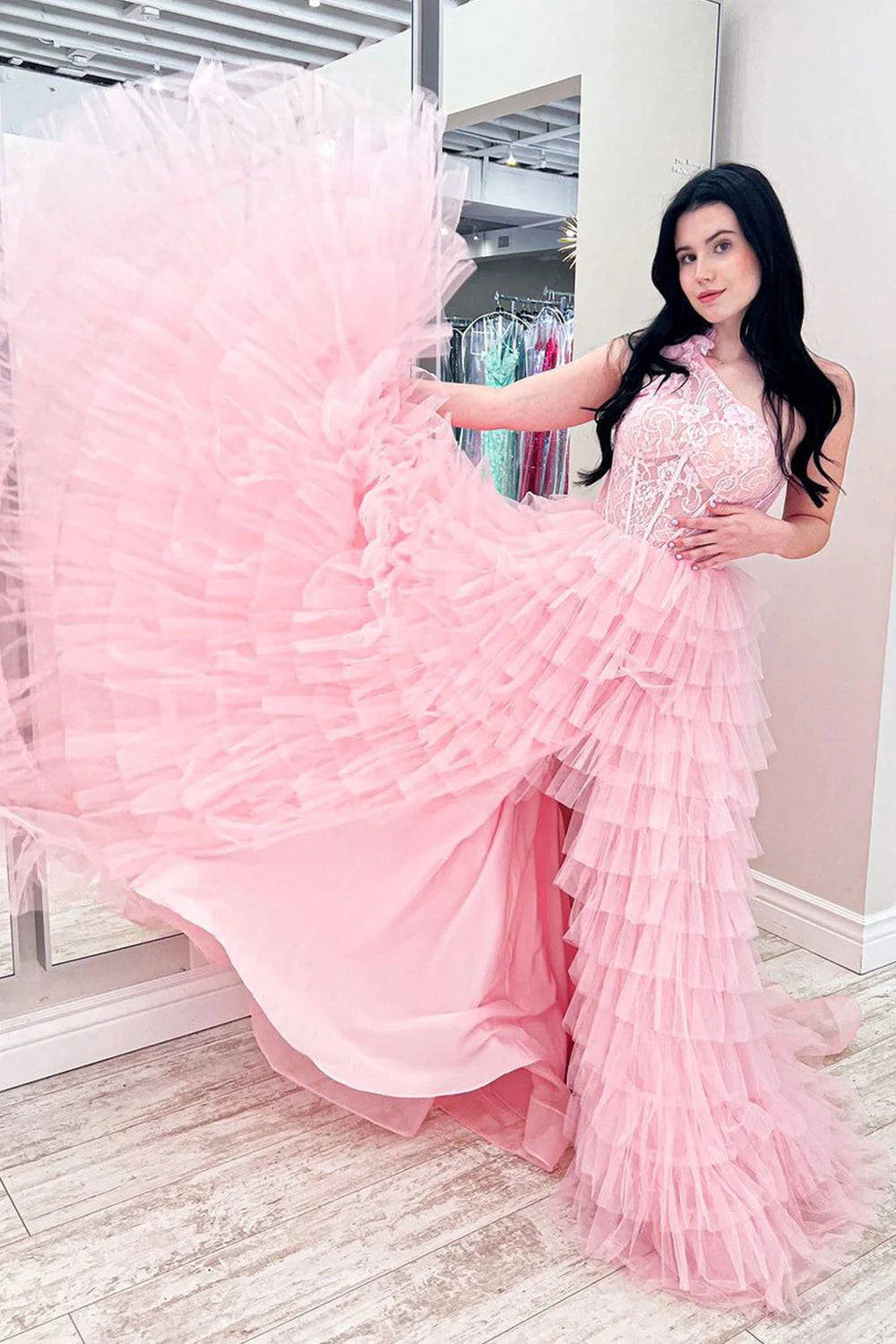 One Shoulder Corset Tiered Long Prom Dress With Ruffles