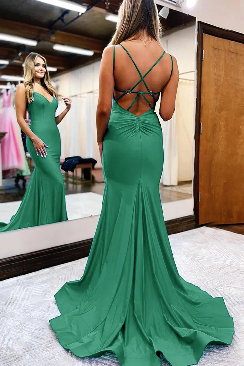 Vestido de fiesta largo con escote en V profundo, largo hasta el suelo, sin espalda, corte sirena y tirantes finos