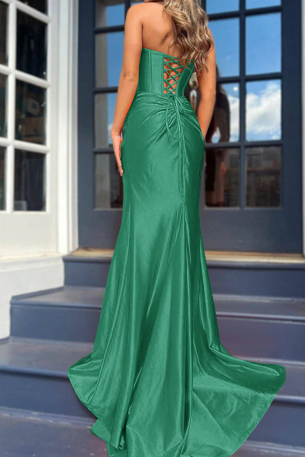 Royal Blue Mermaid Strapless Corset Prom Dress With Split Front