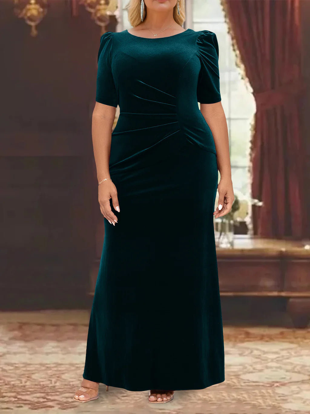 Formal Women's Dresses A-Line/Princess Scoop Half Sleeves Ankle-Length Mother of the Bride Dresses with Ruffles Prom Dresses Stores