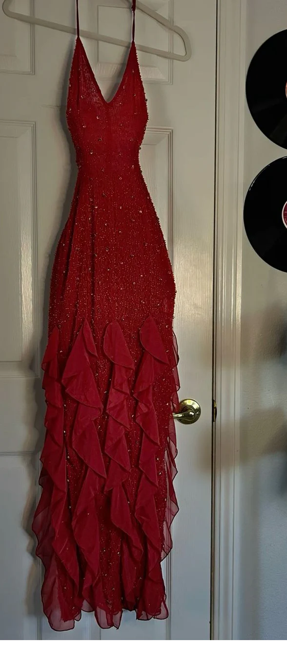 Hermoso vestido de noche largo estilo sirena con volantes y brillo, estilo halter rojo, de Weitese, para graduación. 