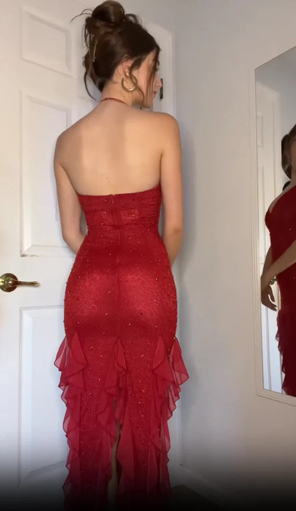 Hermoso vestido de noche largo estilo sirena con volantes y brillo, estilo halter rojo, de Weitese, para graduación. 