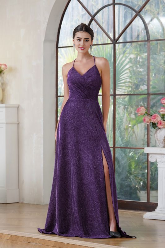 Halter Glitter Side Split Formal Dresses V-Neck Floor Length Evening Prom Dress with Pocket