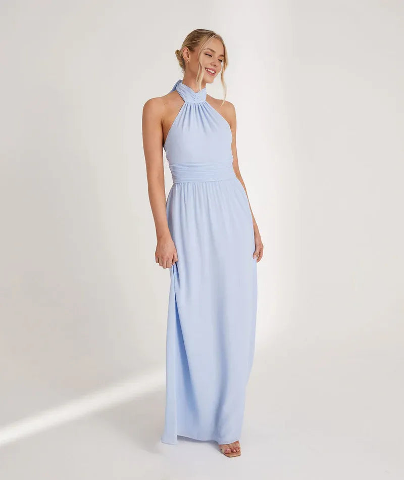 Weitese Dress Fashion Halter Neck Pleated Waist Chiffon Bridesmaid Dress Maxi Dress Solid Color Emerald Sleeveless A-Line Prom Dress