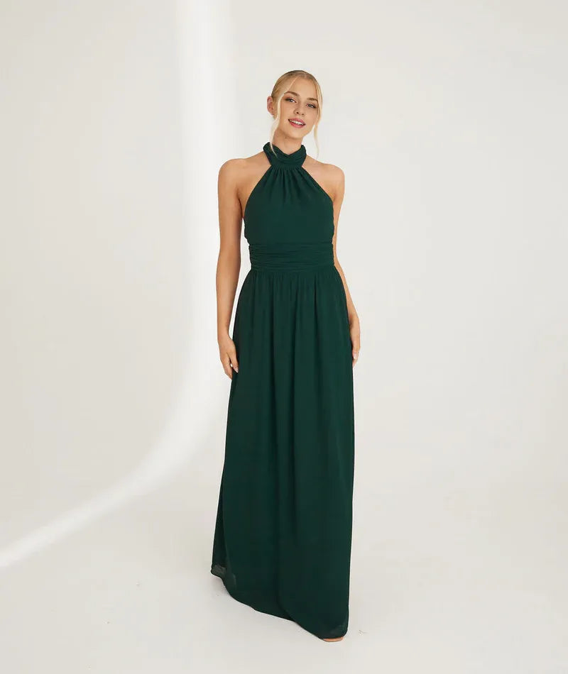 Weitese Dress Fashion Halter Neck Pleated Waist Chiffon Bridesmaid Dress Maxi Dress Solid Color Emerald Sleeveless A-Line Prom Dress