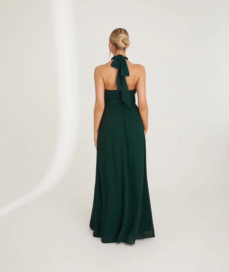 Weitese Dress Fashion Halter Neck Pleated Waist Chiffon Bridesmaid Dress Maxi Dress Solid Color Emerald Sleeveless A-Line Prom Dress