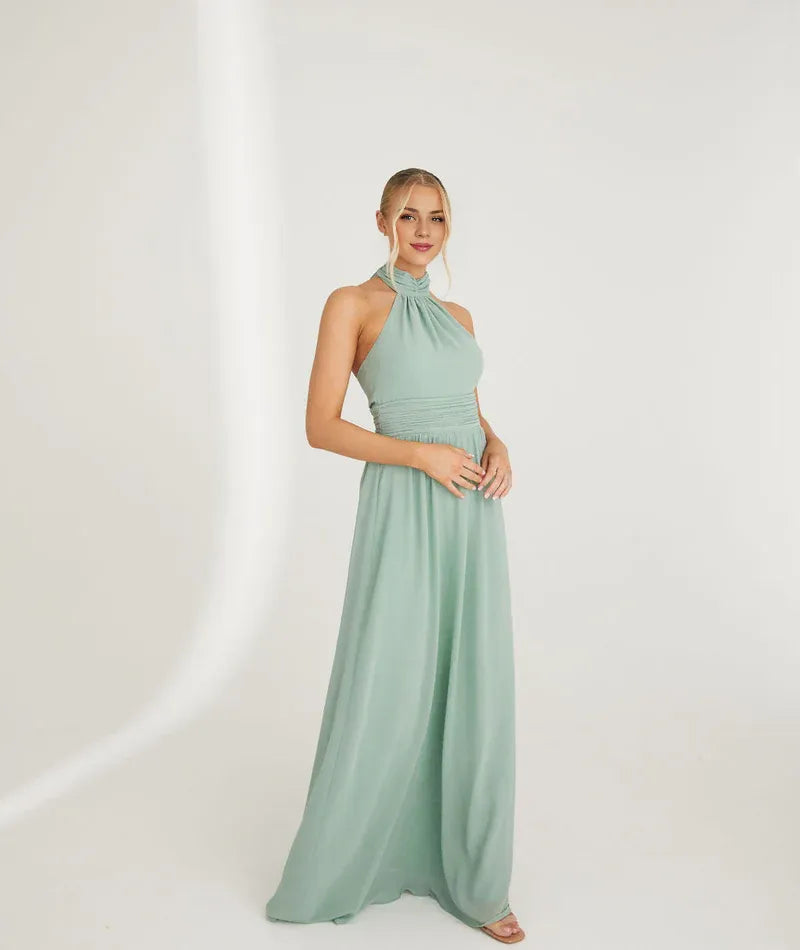 Weitese Dress Fashion Halter Neck Pleated Waist Chiffon Bridesmaid Dress Maxi Dress Solid Color Emerald Sleeveless A-Line Prom Dress