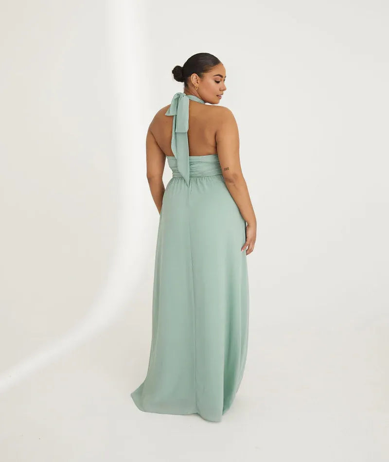 Weitese Dress Fashion Halter Neck Pleated Waist Chiffon Bridesmaid Dress Maxi Dress Solid Color Emerald Sleeveless A-Line Prom Dress