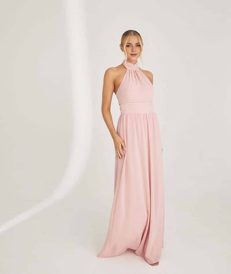 Weitese Dress Fashion Halter Neck Pleated Waist Chiffon Bridesmaid Dress Maxi Dress Solid Color Emerald Sleeveless A-Line Prom Dress