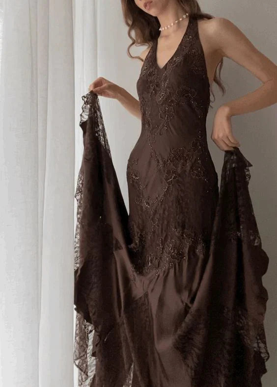Weitese Dress Prom Dress Stores Vintage Halter Party Dress Brown Lace Evening Dress Formal Dresses