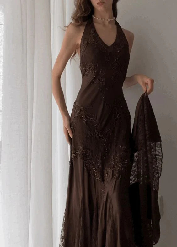 Weitese Dress Prom Dress Stores Vintage Halter Party Dress Brown Lace Evening Dress Formal Dresses