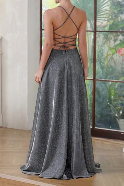 Halter Glitter Side Split Formal Dresses V-Neck Floor Length Evening Prom Dress with Pocket