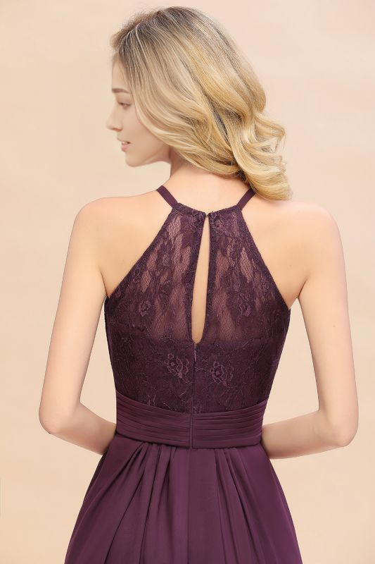 Vestido de dama de honor sin mangas con volantes y cuello halter, vestido de fiesta de encaje de corte A para invitada de boda