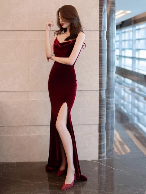 Burgundy Cowl Neck Velvet Mermaid Prom Dress Spaghetti Straps Pearl Chain Back Slit