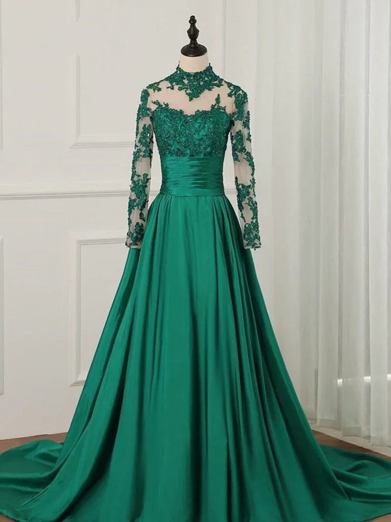 Robe de soirée Weitese pour femme, coupe trapèze verte, manches longues, col montant, dentelle, robe de bal, magasins de robes de bal 