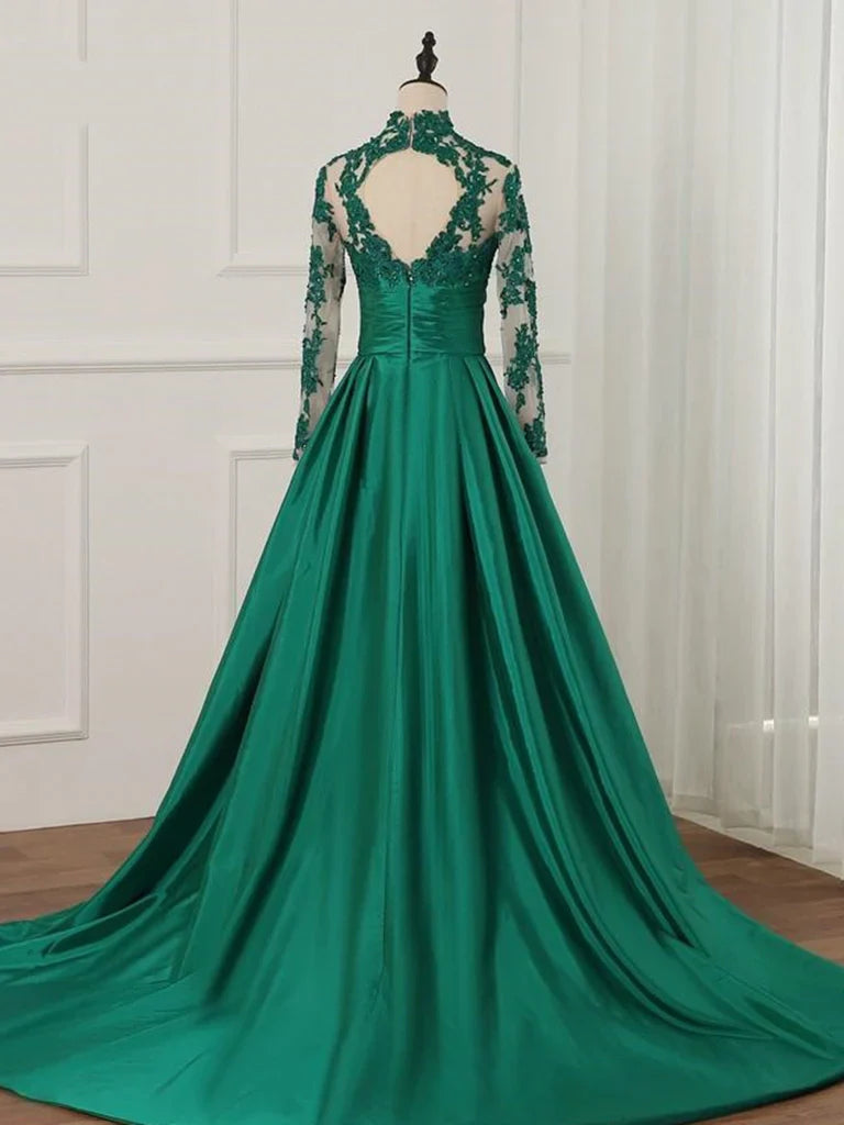 Robe de soirée Weitese pour femme, coupe trapèze verte, manches longues, col montant, dentelle, robe de bal, magasins de robes de bal 