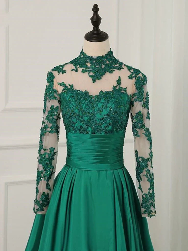 Robe de soirée Weitese pour femme, coupe trapèze verte, manches longues, col montant, dentelle, robe de bal, magasins de robes de bal 