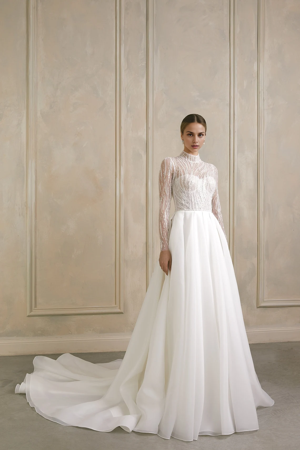 High Neck Modest Wedding Dress Long Sleeve Wedding Dress Embroidered Wedding Gown Lace Wedding Dress A Line Bridal Dress With Long Train