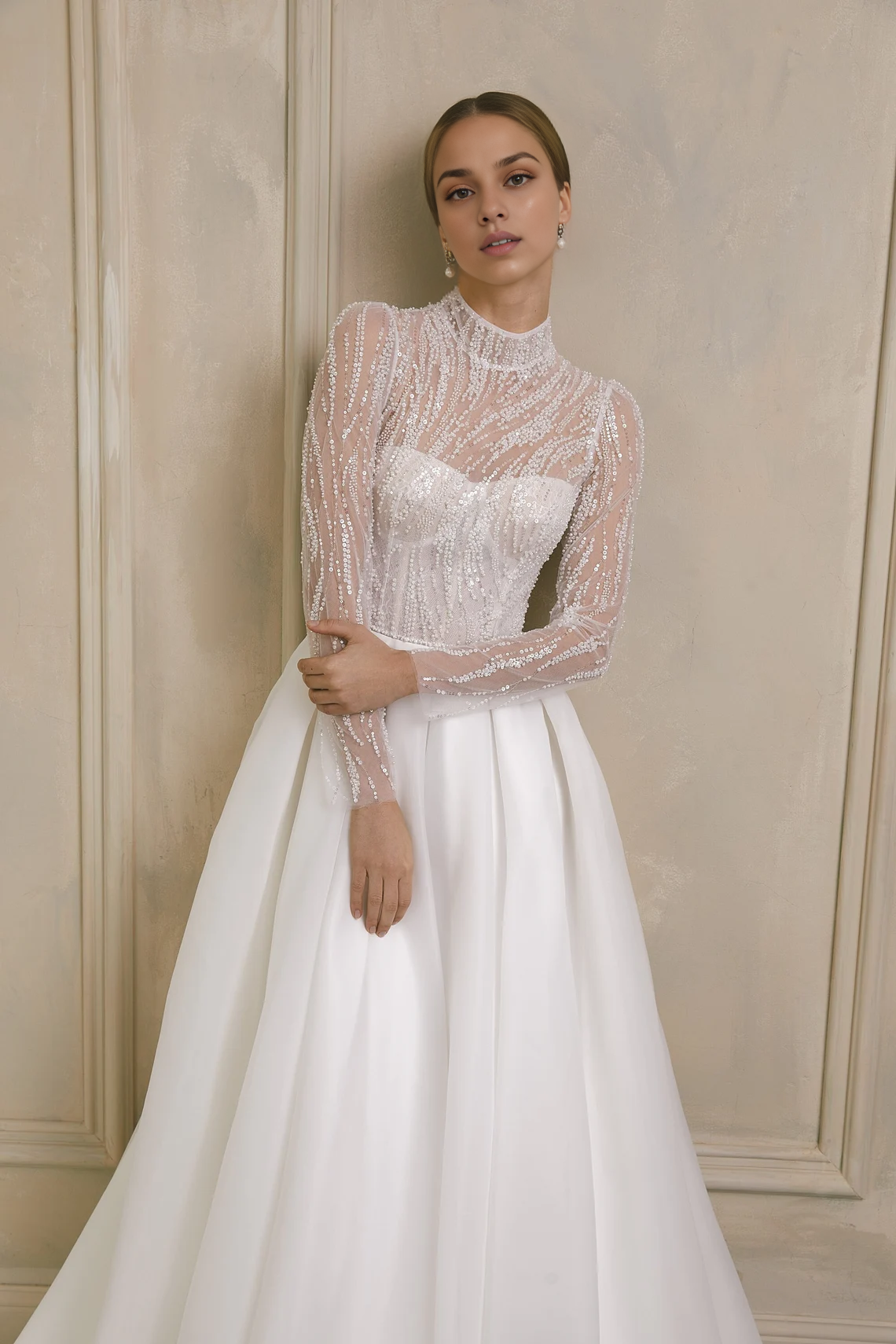 High Neck Modest Wedding Dress Long Sleeve Wedding Dress Embroidered Wedding Gown Lace Wedding Dress A Line Bridal Dress With Long Train