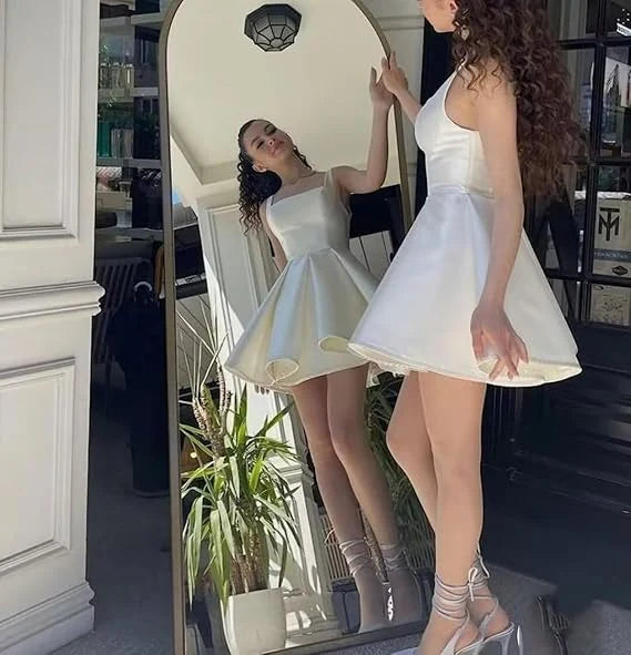 Weitese Dress Prom Dress Stores White Straps A-Line Satin Homecoming Dress Birthday Dress Party Dress Formal Women's Dresses