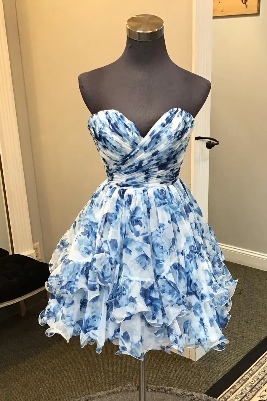 Weitese Blue Printed Strapless A-Line Tiered Homecoming Dress Formal Wear Dresses Prom Dress Stores