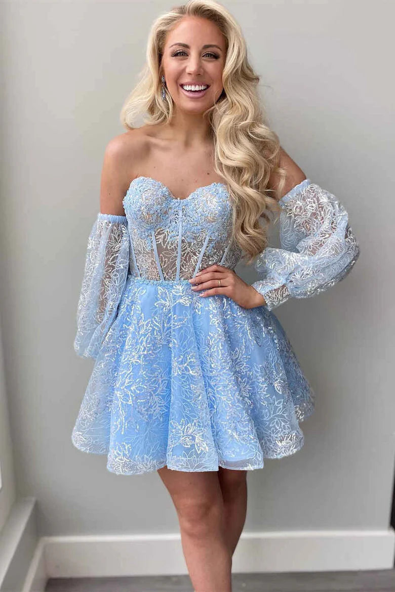 Vestido corto de fiesta con escote en forma de A y mangas abullonadas