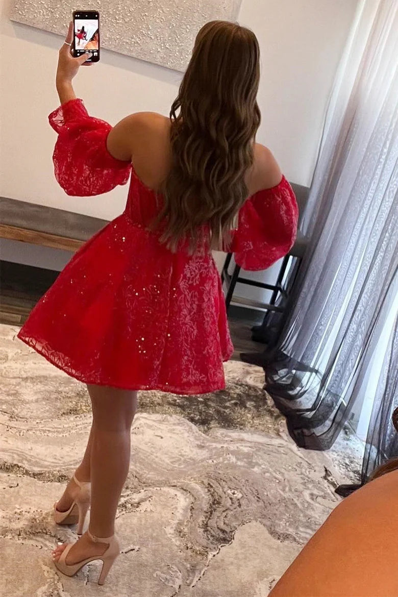 Vestido corto de fiesta con escote en forma de A y mangas abullonadas