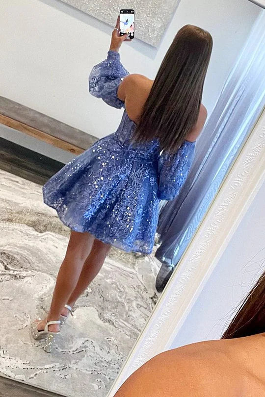 Vestido corto de fiesta con escote en forma de A y mangas abullonadas