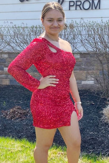 Robe de soirée courte à une manche et à paillettes