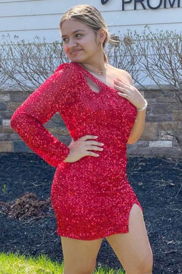 Robe de soirée courte à une manche et à paillettes