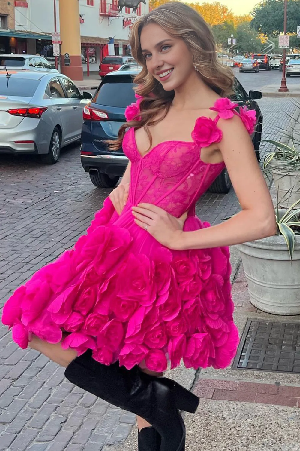 Weitese Fuchsia Spaghetti Straps A-Line Short Corset Homecoming Dress with 3D Flowers Formal Wear Dresses Prom Dress Stores