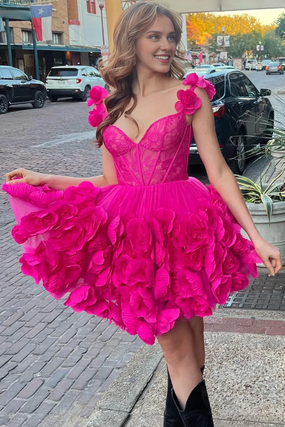 Weitese Fuchsia Spaghetti Straps A-Line Short Corset Homecoming Dress with 3D Flowers Formal Wear Dresses Prom Dress Stores