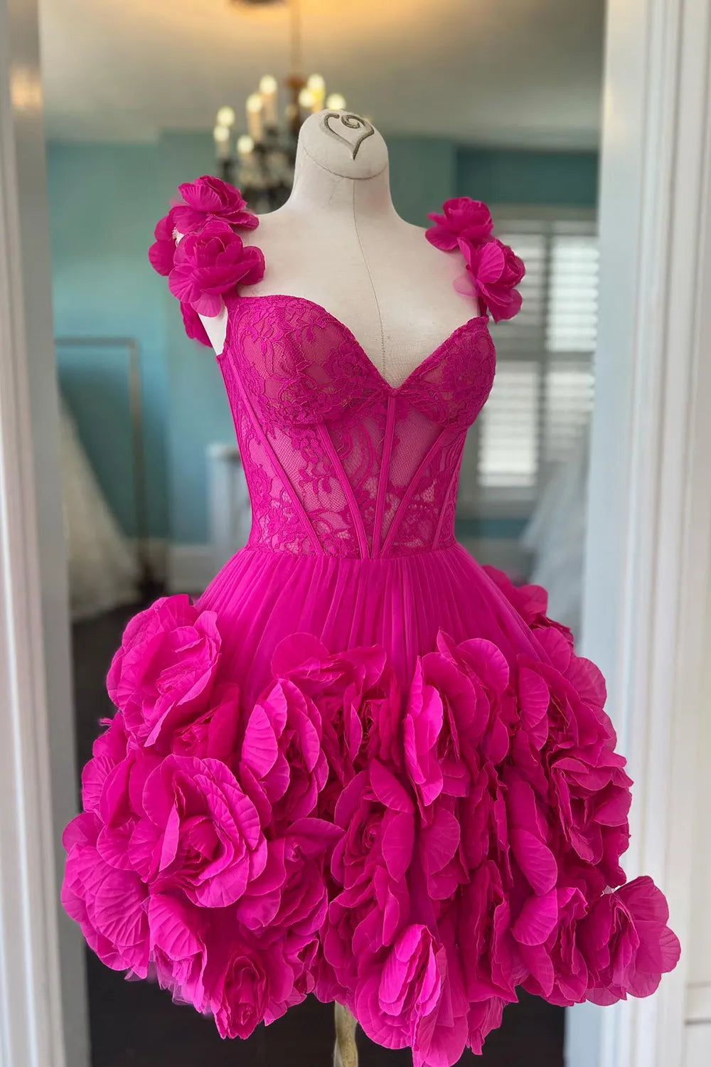 Weitese Fuchsia Spaghetti Straps A-Line Short Corset Homecoming Dress with 3D Flowers Formal Wear Dresses Prom Dress Stores