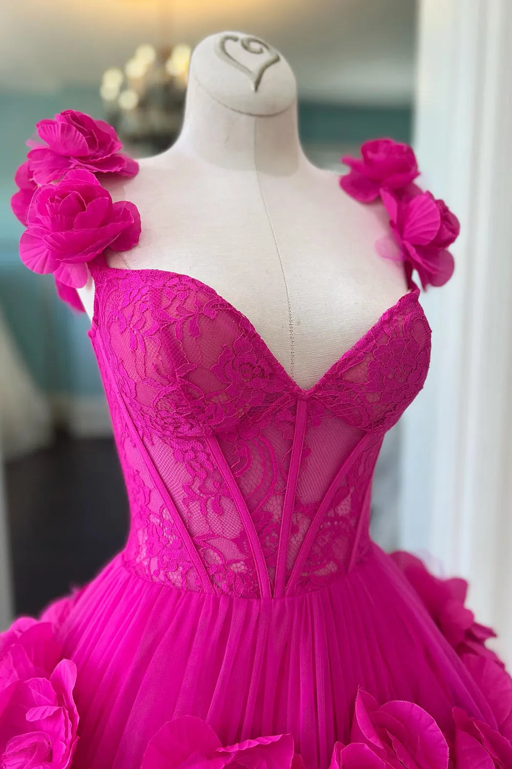 Weitese Fuchsia Spaghetti Straps A-Line Short Corset Homecoming Dress with 3D Flowers Formal Wear Dresses Prom Dress Stores