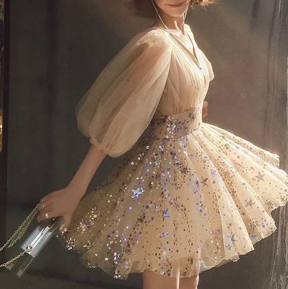 Robe de soirée à paillettes et col en V, manches bouffantes